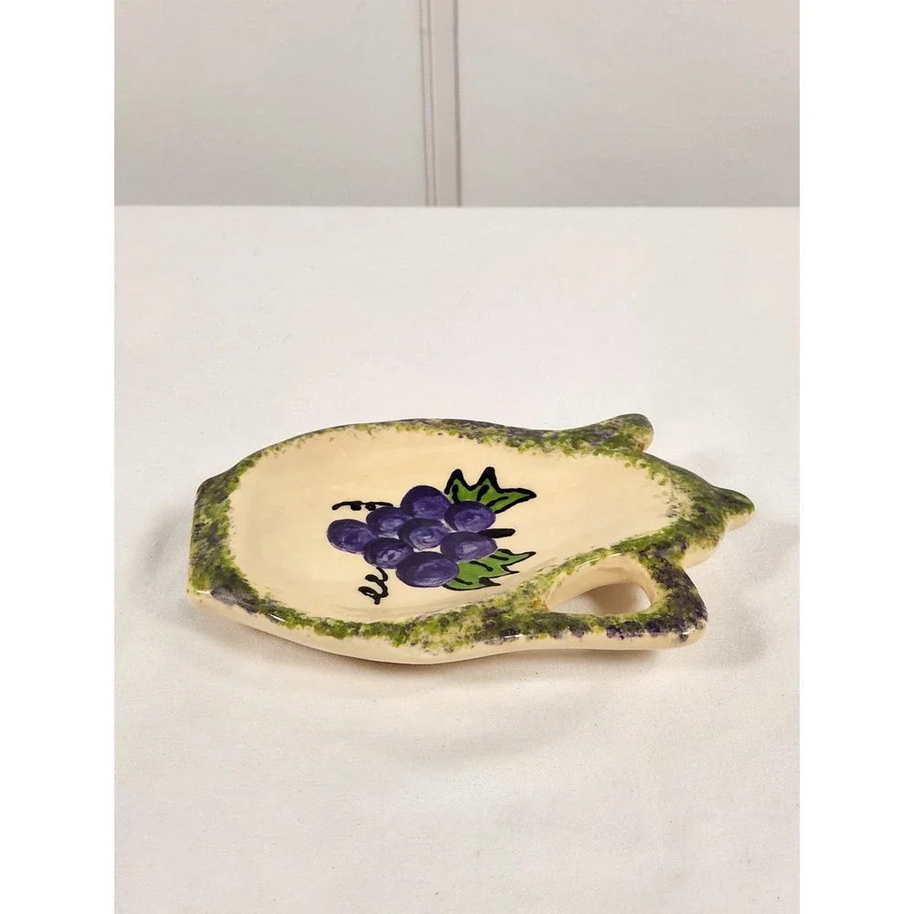 VTG 1999 Hand Painted Grape Motif Spongeware Teabag Holder Tray 7